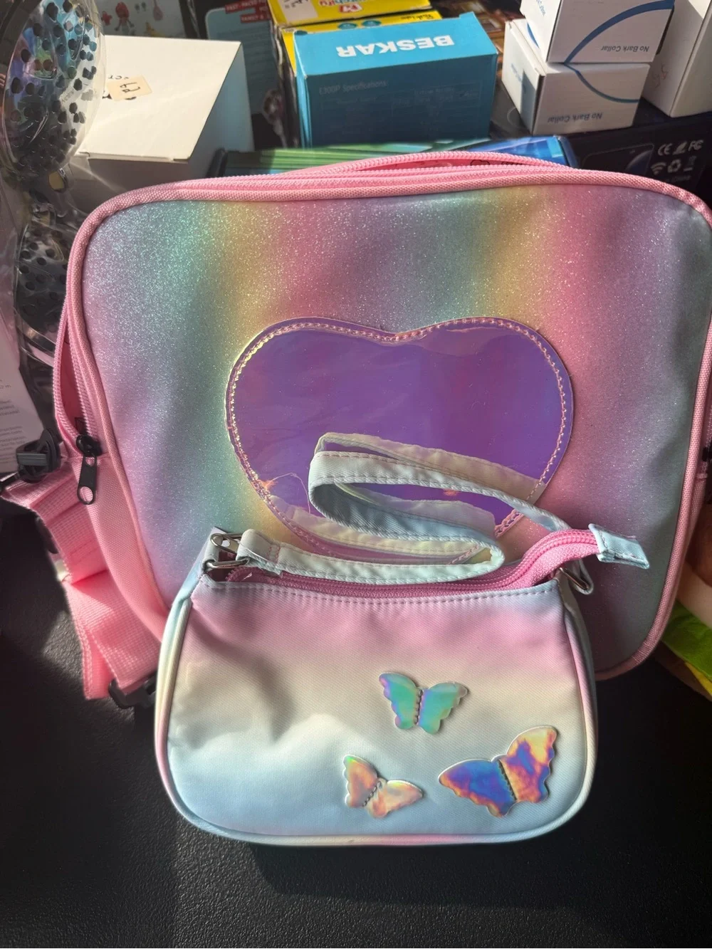 Olivia Miller Pink Pastel Rainbow Heart & Butterfly Crossbody Bag Set